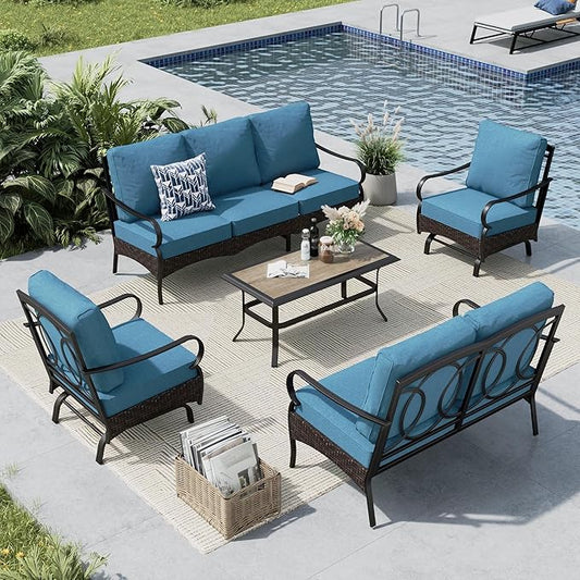 MFSTUDIO 5 PCS Outdoor Patio Furniture Set, Metal Outdoor Conversation Set, Rattan Wicker Patio Sectional Sofa Set with 2 x Rocking Single Sofa, 2-Seat and 3-Seat Sofa, 1 x Coffee Table, Navy Blue