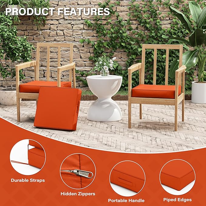 Patio Chair Cushions 17 X 16 X 3 Inch Waterproof Outdoor Seat Cushions for Patio Furniture, Outdoor Sofa Couch Pads with Ties & Handle, Set of 2, Orange