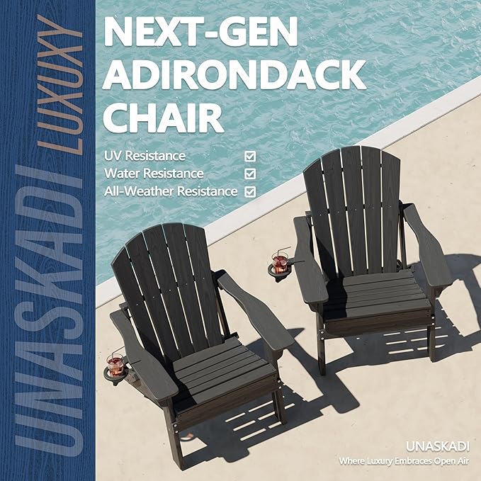 Folding Adirondack Chair Set of 3 with Cup Holder, HDPE All Weather Resistant Plastic Outdoor Patio Chairs, Heavy Duty Fire Pit Seating for Backyard Lawn Garden, Wooden Textured Design(Gray)