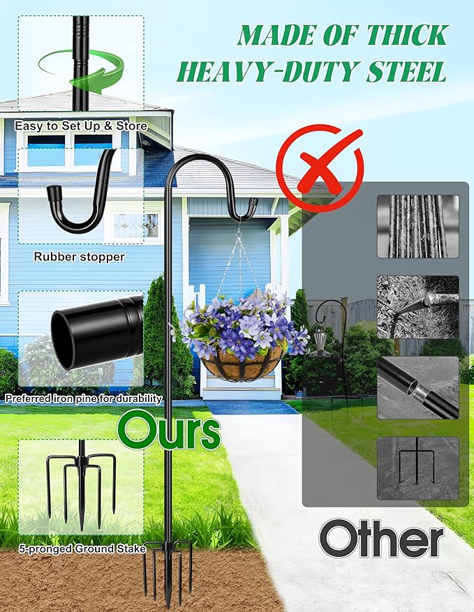 XDW-GIFTS Bird Feeder Pole for Outdoor, 2-Pack 76 Inch Shepherds Hooks Heavy Duty Garden Pole for Hanging Plant Basket, Solar Light Lanterns, Garden Plant Hanger Stands with 5 Base Prongs