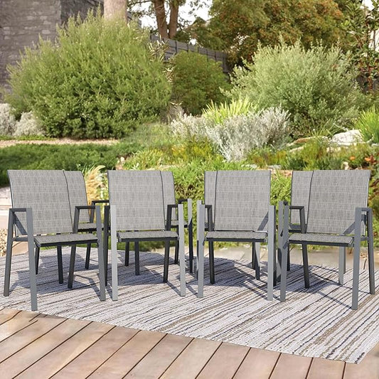 Outdoor Patio Chairs Set of 8, Grey Stackable Outdoor Chairs, Lightweight Patio Set with High Back, Metal Dining Chair for Lawn, Garden, Yard and Deck