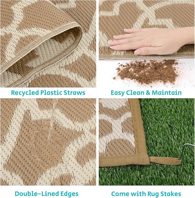 HEBE Outdoor Rug Waterproof 8x10, Plastic Straw Rug Camping Rug, Reversible Outdoor Patio Rugs RV Mat Clearance, Indoor Outside Floor Carpet for Porch,Deck,Camper,Balcony,Backyard