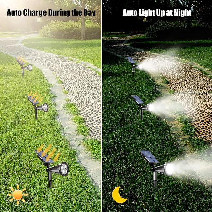 T-SUN Solar Spotlights, Waterproof Outdoor Solar Landscape Spot Lights Auto ON/Off Adjustable Solar Garden Lights LED Wall Lights for Patio, Driveway, Yard, Pool Area (White-2Pack)