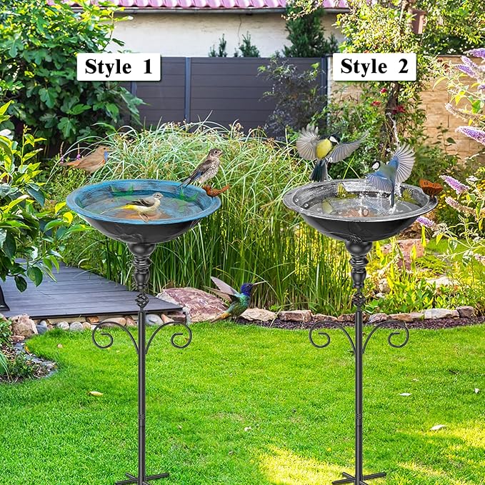 35.4" Tall Bird Bath for Outside, Vintage Metal Birdbaths Bowl with 5 Prong Bases for Outdoors, Freestanding Birdfeeder with Hummingbird Carving for Garden Yard Lawn Decor (Retro Blue)