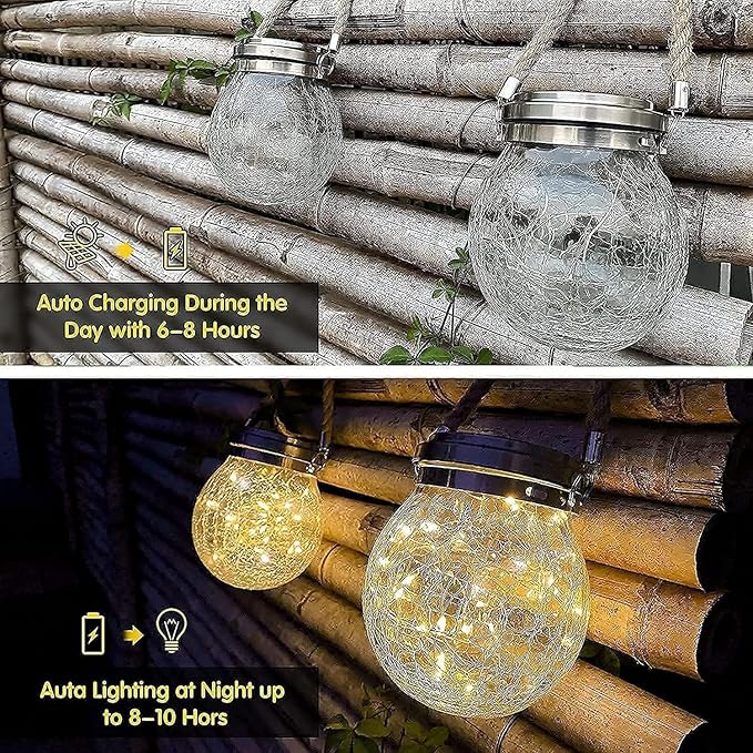 Solar Lantern Crackle Glass Ball, 4 Pack Garden Hanging Solar Lights Outdoor Waterproof Lanterns with 30 Warm White LED for Outdoor Decor Patio Yard Lawn Pathway
