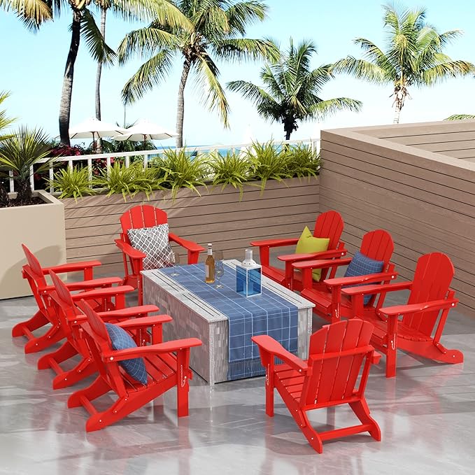 Westin Outdoors Laguna WO Outdoor Adirondack Folding Patio Chairs 8 PCS Set Retro Beach Aesthetic for Backyard, Lawn, Patio, Deck, Garden, Weather Resistant Polyethylene Plastic Lounger (Red)