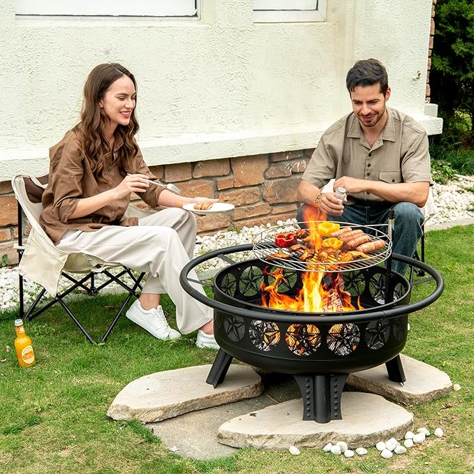 38” Wood Burning Fire Pits for Outside,3-in-1 Fire Pit with Grill, Spark Screen & Fire Poker,Outdoor Firepit Table with Swivel Cooking Grate for Yard BBQ Bonfire Patio Camping (38 inch)