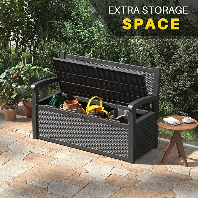 80 Gallon Outdoor Storage Box, Resin Patio Furniture with Armrest, Lockable Deck Box with Waterproof and UV Resistant for Patio Cushions, Garden Tools and Pool Supplies, Black