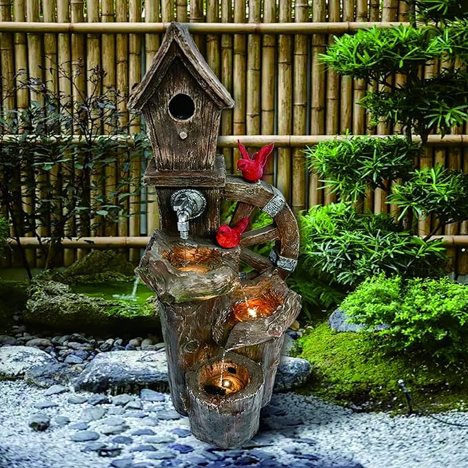 Decorative Garden Birdhouse Three Tier Water Fountain Outdoor with LED Lights and Water Wheel