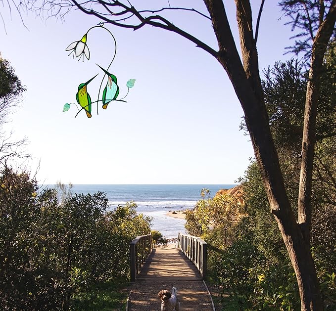 Hummingbird with Flower Stained Glass Suncatcher Bird Stained Glass Window Hangings Hummingbird Gift for Women Home Decor