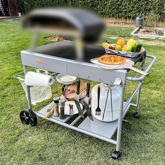 Pizza Oven Cart Table and Topping Station for Ooni Koda/Karu/Fyra 16 & 12, Movable Thicken & Widen Rolling Kitchen Cart, Outdoor Grill Stand for Ninja Woodfire,Blackstone Griddle