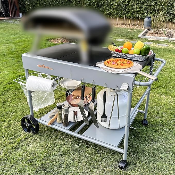 Upgraded Pizza Oven Cart Table for Ooni Koda/Karu/Fyra 16 & 12, Movable Thicken & Widen Rolling Kitchen Cart, Outdoor Grill Stand for Ninja Woodfire,Blackstone Griddle,Carts with Wheels