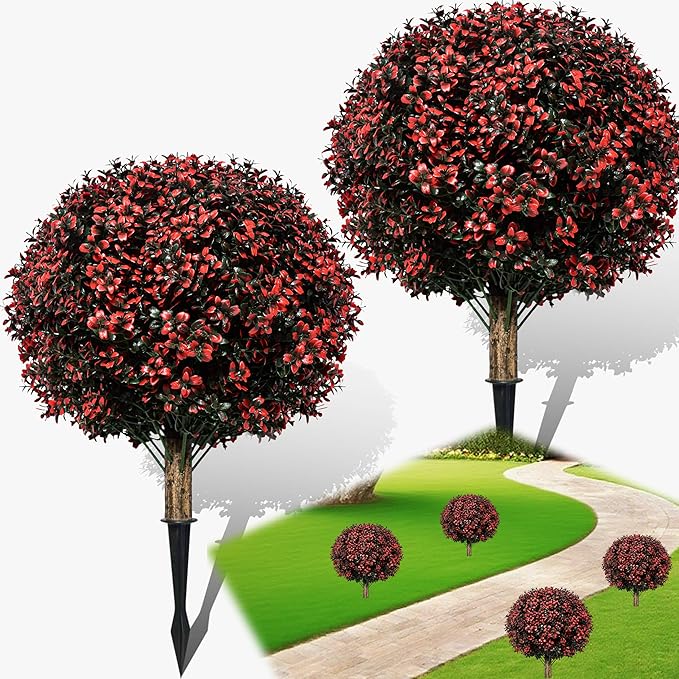 Fall Artificial Topiary Ball Boxwood Tree Outdoor with Spike,Set of 2 Large Faux Shrubs Bushes for Outdoor Planter,UV Resistant Autumn Fake Boxwood Plants for Potted Porch Indoor 24"