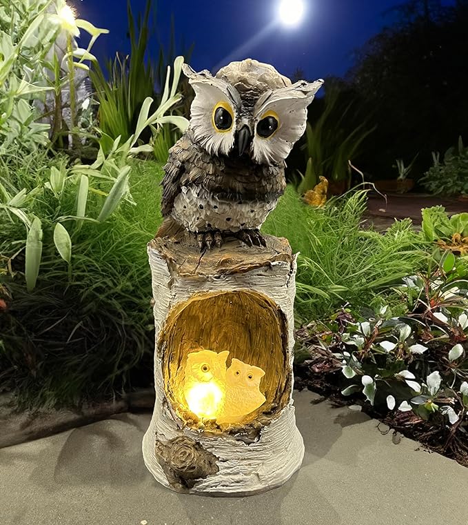 coolboy Owl Outdoor Garden Statue,Waterproof LED Solar Lights Outdoor Decor,Resin Owl Ornament,Solar Lantern Indoor Figurines for Patio Table Decor for Ourdoor Garden