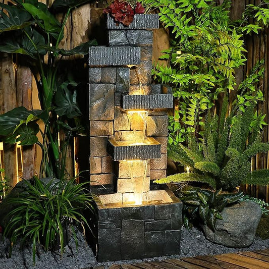 Garden Fountains Outdoor Water Fountain - 44.5 Inches 4 Tired Modern Indoor Floor Standing Outdoor Fountain with Lights Pump for Garden Patio Backyard Porch Home Art Decor, Dark Gray