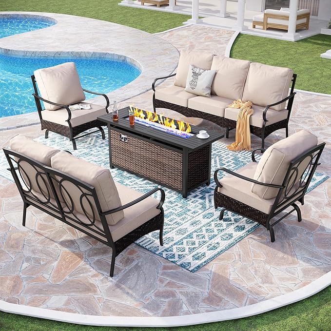 Patio Furniture Set with 56" Fire Pit Table, Premium Outdoor Wicker Metal Frame Furniture with Upgraded Waterproof Thick Cushions for Porch, Poolside, Deck, and Yard