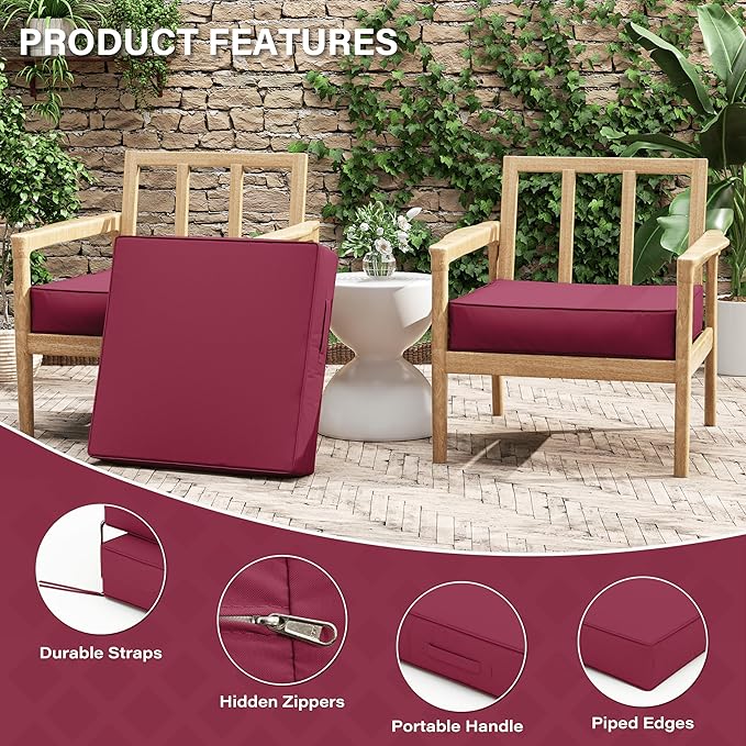 Patio Chair Cushions 24 X 24 X 5 Inch Waterproof Outdoor Seat Cushions for Patio Furniture, Outdoor Sofa Couch Pads with Ties & Handle, Set of 2, Fuchsiared