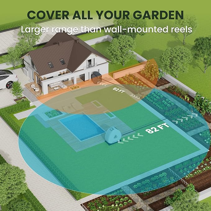 Giraffe Tools Ground Mounted Retractable Hose Reel 1/2 Inch x 82FT, Heavy Duty Automatic Rewind Garden Hose Reel, with Flexible Swivel Base for Lawn, Concrete Floor