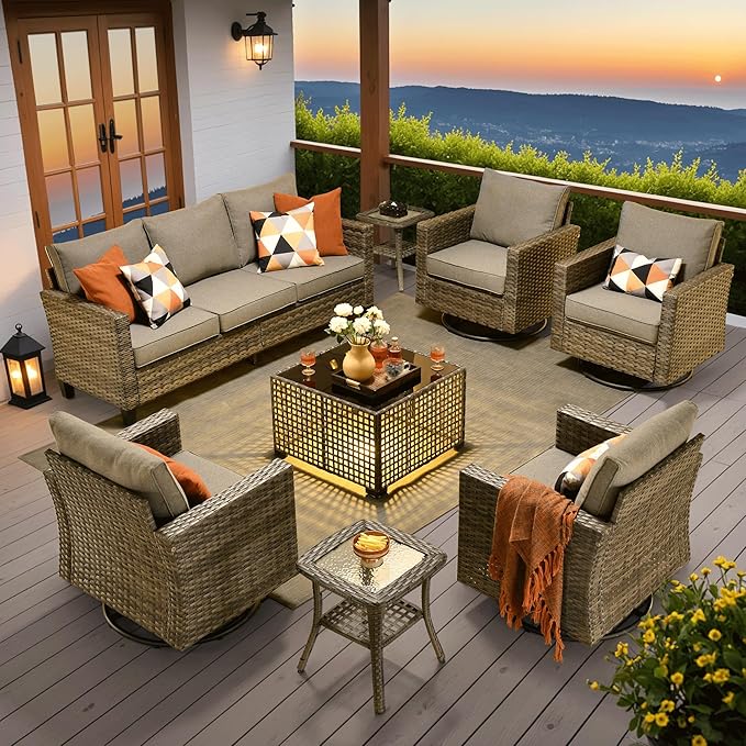 ovios 8 Pieces Patio Furniture Set with Swivel Chairs Rocking Gliders, Outdoor Sofa Couch with Solar Lights Table Comfy Cushions, Modern Deep Seat Wicker Rattan Conversation Set, Dark Grey