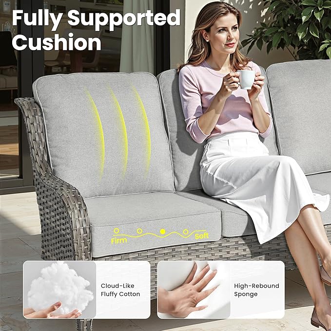 ovios 7 Pieces Patio Furniture Set, Outdoor Wicker Sofa Couch with Swivel Chairs Solar Lights Table, High Back All Weather Modern Conversation Sets, Grey Rattan, Grey