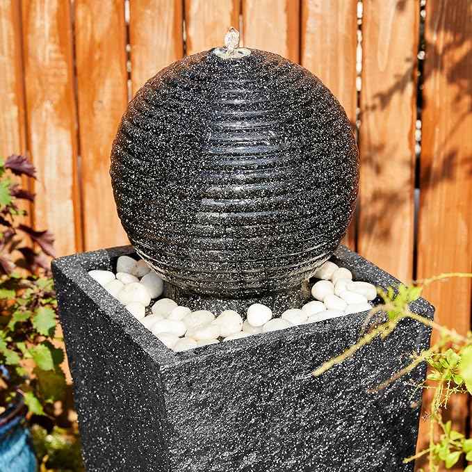 Glitzhome Outdoor Water Fountain with LED Light, Oversized Decorative Black Pedestal Water Fountains with Submersible Pump, Modern Sphere Floor Fountain with Pebbles for Garden Patio Decor, 40.75”H