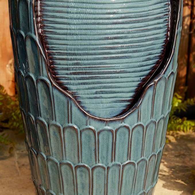 Glitzhome 28.25" H Oversized Ceramic Petals Textured Jar Outdoor Water Fountain, Vintage Turquoise Glaze Vase Patio Garden Waterfall Fountain with LED Light and Submersible Pump