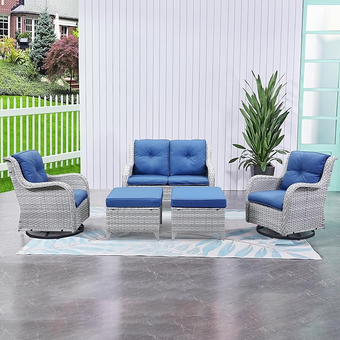 HUMMUH 5 Pieces Outdoor Furniture Patio Furniture Set Wicker Swivel Patio Chairs with 2 Seater Outdoor Sectional Sofa/Patio Loveseat with Ottomans(Light Grey/Blue)