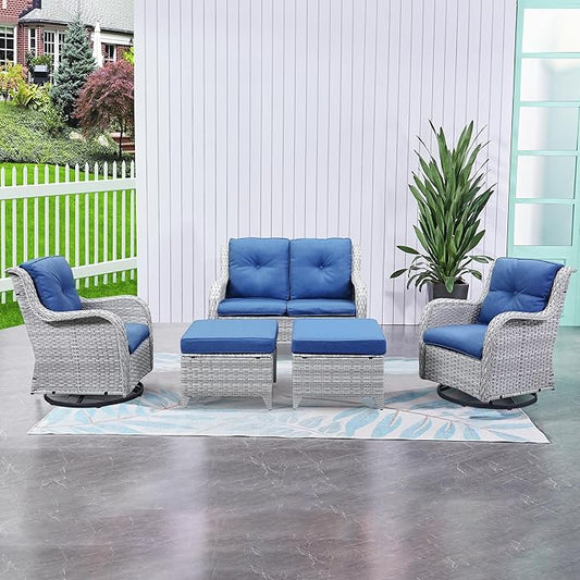 HUMMUH 5 Pieces Outdoor Furniture Patio Furniture Set Wicker Swivel Patio Chairs with 2 Seater Outdoor Sectional Sofa/Patio Loveseat with Ottomans(Light Grey/Blue)