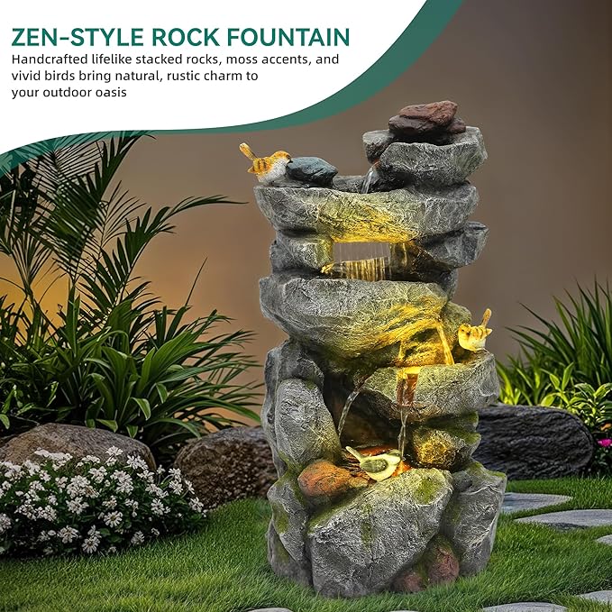31.5" H Multi-Tier Rock Outdoor Water Fountain with LED Lights and Pump, Garden Fountain Waterfall for Patio, Porch, or Yard