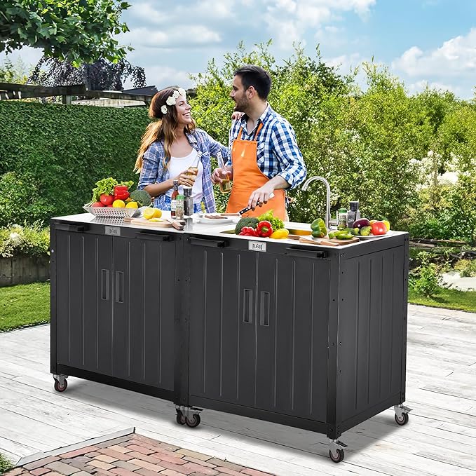 Freestanding Grill Cart with Sink and Cabinet, Movable Outdoor Cart Table with 304 Stainless Steel Sink, Outdoor Grill Cart,Outdoor Grill Station with Wheels, L35.4” x W24”