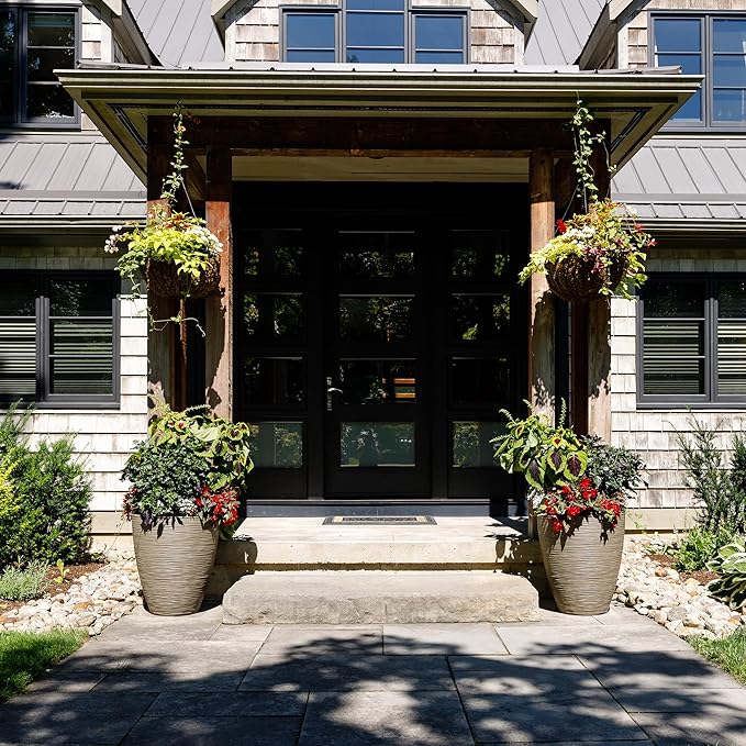 Newport 50‑Gallon Flat‑Back Rain Barrel with Stand & Planter Bundle – Sandstone | Removable Lid, UV-Stabilized Outdoor Water Storage