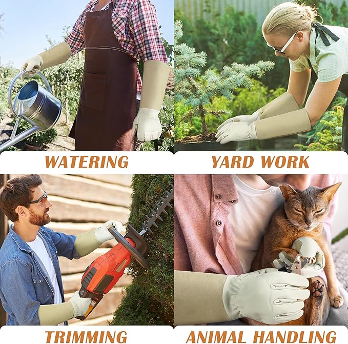 HANDLANDY Pruning Gloves Long for Men & Women, Pigskin Leather Rose Gardening Gloves- Breathable & Durability Gauntlet Gloves