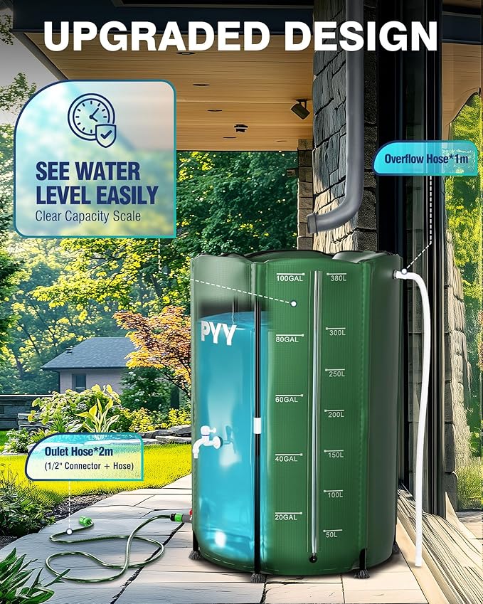 PYY Rain Water Collection Barrel - 100 Gallon Green Water Storage Tank with Spigots, Hose and Portable Bucket, Large Plastic Collapsible Rain Catcher Catchment System to Collect Rainwater from Gutter