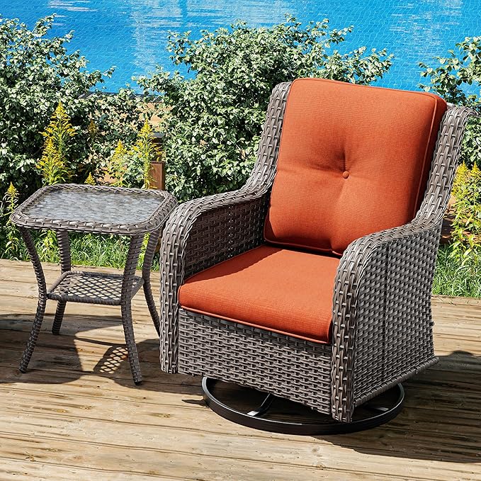 Joyside Outdoor Swivel Rocker Patio Chair and Matching Side Table - 2-Piece Wicker Patio Bistro Set with Premium Fabric Cushions (Brown Mixed with Grey/Orange)