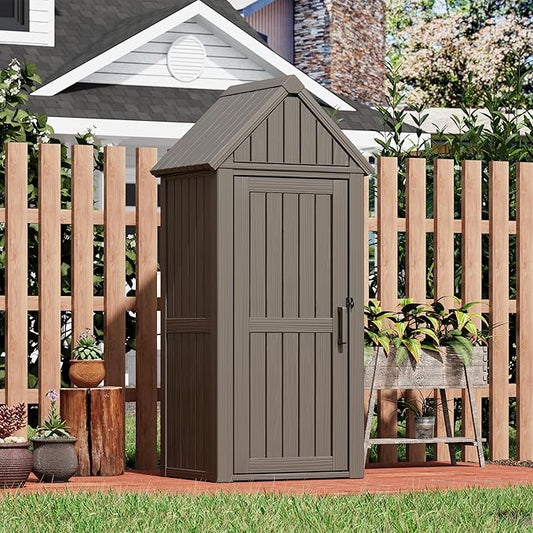 Outdoor Resin Storage Shed, Upgrade Durable Storage Cabinet with Removable Shelves and Lock Ring, Reinforced Floor, All-Weather Construction for Garden Patio Lawn (Gray)
