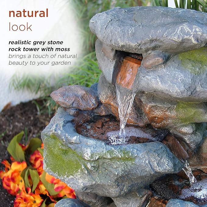 Alpine Corporation WIN582 22" Outdoor 3-Tier Rock Waterfall Fountain with LED Lights for Garden, Patio, Yard, and Porch Decor, Natural Stone Look, Gray