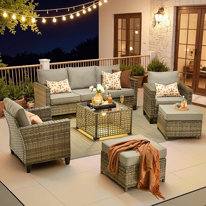 ovios 6 Pieces Patio Furniture Set Outdoor Sofa Couch with Solar Lights Table Comfy Cushions, Modern Deep Seat Wicker Rattan Conversation Set for Porch Deck, Dark Grey
