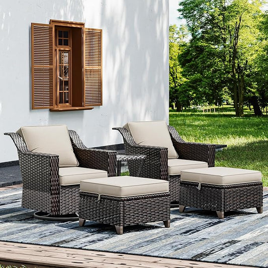 Joyside Wicker Patio Furniture Sets, 5 Pieces Upgraded Large Size Outdoor Furniture with Swivel Rocking Patio Chairs, Outdoor Ottoman and Side Table, Thick Cushions, Wide Armrest
