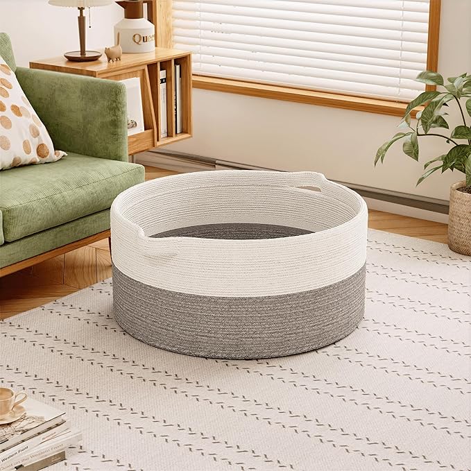 125L Extra Large Blanket Basket, 25" x 16", Jumbo Laundry Woven Basket Decorative Home, Cotton Rope Basket with Handles, Baby Toy Basket for Storage, White & Gray, 2PC