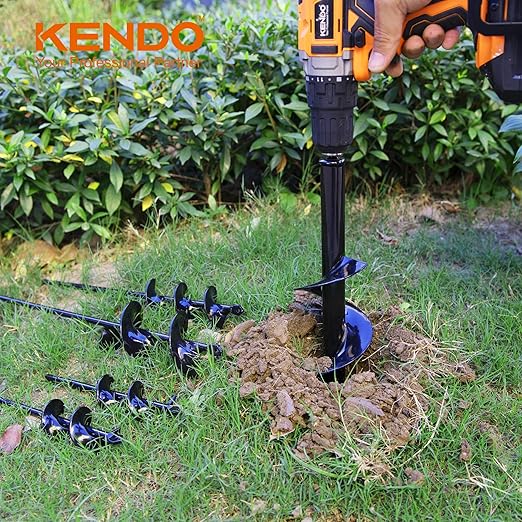 KENDO Auger Drill Bit for Planting Set of 4, Garden Ground Earth Spiral Drill Bits and Bulb Planter Tool for 3/8" Hex Drive Drill, for Post Hole Digger, Bulb Bedding Digging, Plant Rapid Planter