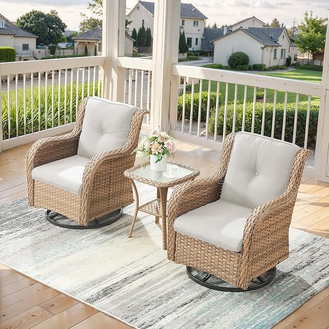 Outdoor Swivel Rocker Patio Chairs - 360 Degree Swivel Glider Seating 350LBS Weight Capacity 3 Piece Wicker Rocking Chairs Set with Side Table for Porch Balcony Deck, Yellow/Beige