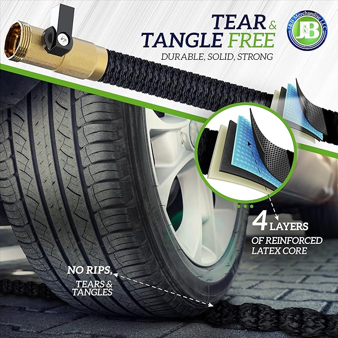 J&B XpandaHose 150ft Expandable Garden Hose with Holder - Heavy Duty Superior Strength 3750D - 4 -Layer Latex Core - Extra Strong Brass Connectors and 10 Spray Nozzle w/Storage Bag (Black 150)