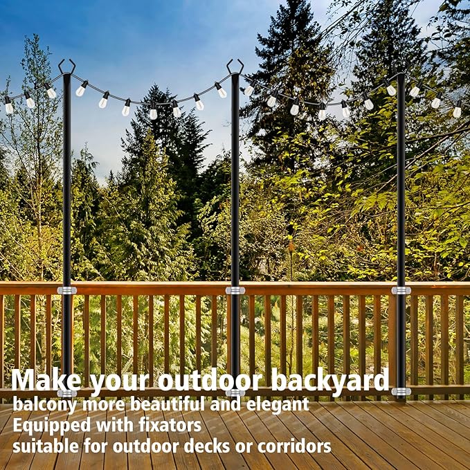 10Ft String Light Poles 4 Pack,Light Poles for Outside Lights,Outdoor with Fence Brackets Hanging Lights,Metal Stand Deck Patio Backyard