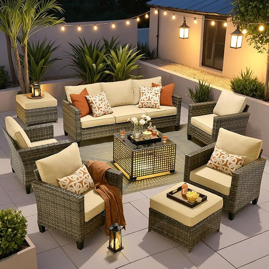 ovios 8 Pieces Patio Furniture Set Outdoor Sofa Couch with Solar Lights Table Comfy Cushions, Modern Deep Seat Wicker Rattan Conversation Set for Porch Deck, Beige