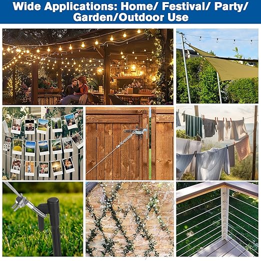 220FT 1/16" Wire Rope Kit - String Light Hanging Kit Vinyl Coated 304 Stainless Steel Cable with Turnbuckles for String Light Hanging, Gate Anti Sag, Stair Railing, Curtain, Picture Hanging, Garden