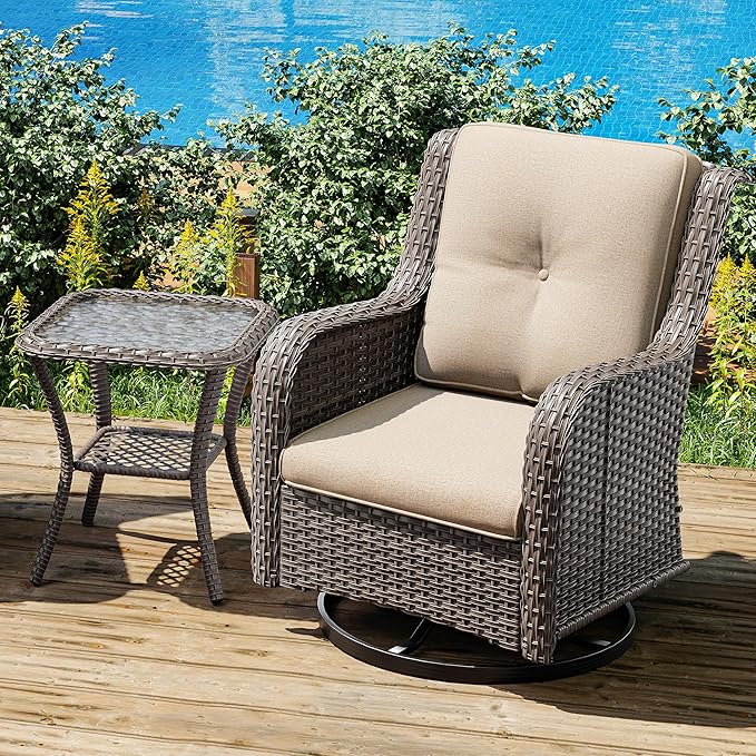 Joyside Outdoor Swivel Rocker Patio Chair and Matching Side Table - 2-Piece Wicker Patio Bistro Set with Premium Fabric Cushions(Brown Mixed with Grey/Beige)