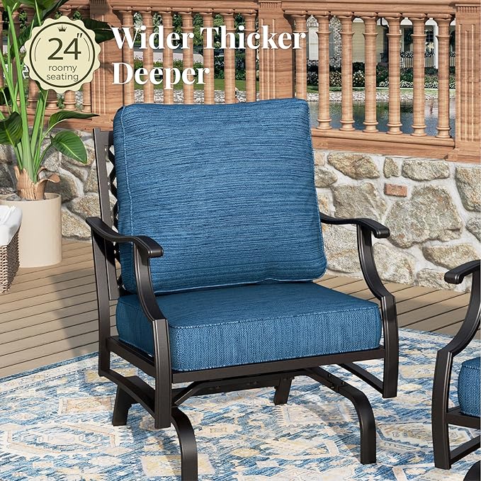 Patio Furniture Set 6 pcs, Outdoor Patio Furniture, 1 X 3-Seat Sofa, 2 X Single Chairs, 2 X Rocker Chairs, 1 X Coffee Table and 5.75" Extra Thick Cushion, Conversation Set,Gemstone Blue