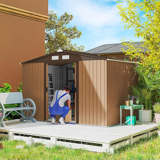 Outsunny 9' x 6' Outdoor Storage Shed, Garden Tool Metal Shed with Foundation Kit, Double Lockable Door, Air Vents and Sloping Roof, for Backyard, Patio, Lawn, Yellow