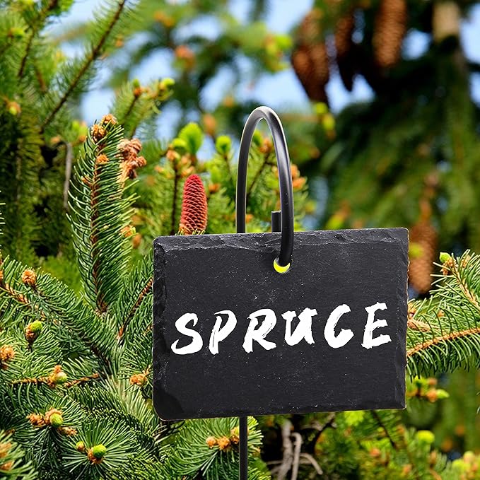 FORUP Plant Labels, 10pcs Garden Markers Signs Labels, Weatherproof Reusable Natural Slate Hanging Tags on Stainless Steel Metal Rod for Flower Bed, Pots, Planters