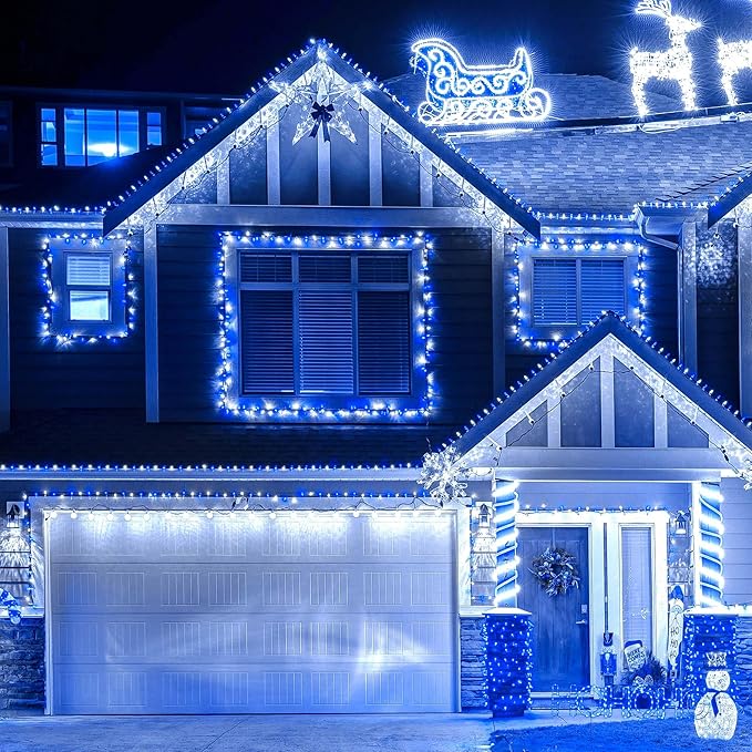 164ft 500 LED Blue White Christmas Lights Outdoor,8 Modes String Light Indoor Bedroom,Clear Wire Twinkle Lights Plug in for Christmas Outside Tree Yard Wedding Decorations(164FT,Blue&White)